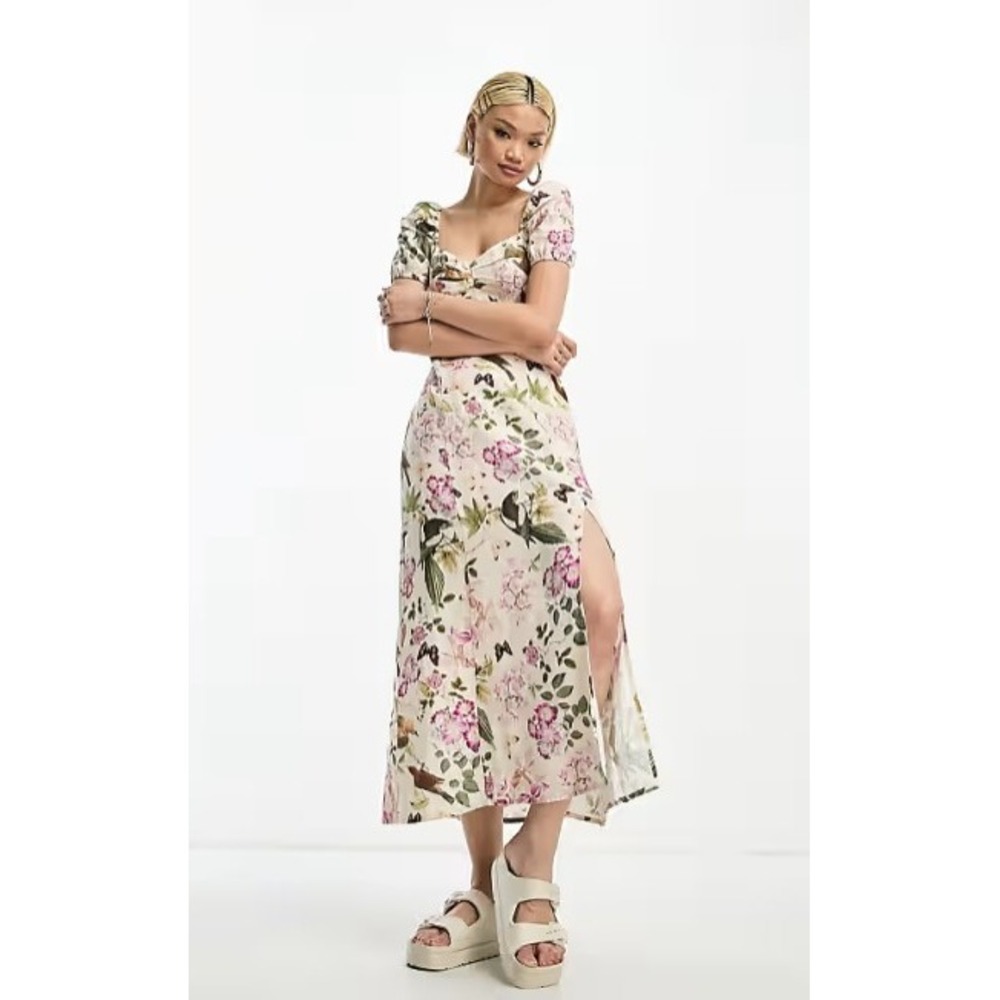 & Other Stories Puff Sleeve Linen Bird Floral Print Midi Dress Cream 10